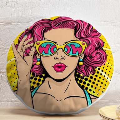 Sarı Zeminli Pop Art Girl Desenli Dekoratif Yuvarlak Yastık Kırlent Kılıfı