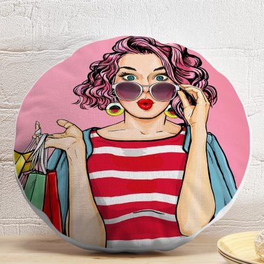 Pembe Zeminli Popart Desenli Dekoratif Yuvarlak Yastık Kırlent Kılıfı