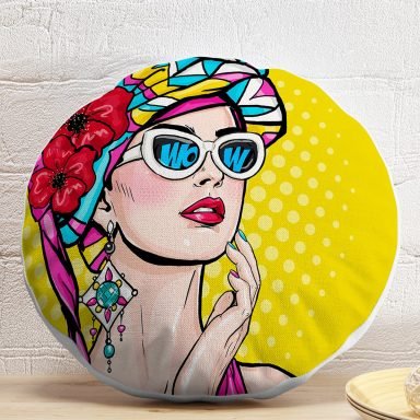 Sarı Zeminli Summer Popart Tasarımlı Dekoratif Yuvarlak Yastık Kırlent Kılıfı