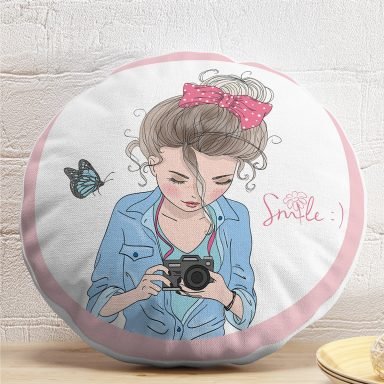 Özel Tasarım Smile Take Up Desenli Dekoratif Yuvarlak Yastık Kırlent Kılıfı