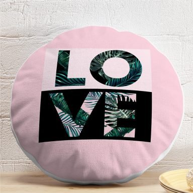 Love Yaprak Detaylı Özel Tasarım Yuvarlak Yastık Kırlent Kılıfı