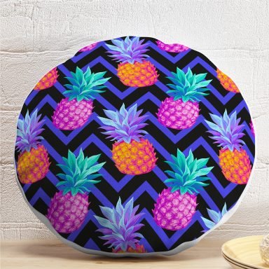 Mavi Zikzak Zeminli Ananas Desenli Dekoratif Yuvarlak Yastık Kırlent Kılıfı