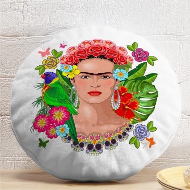 Özel Tasarım Frida Kahlo Tasarımlı Dekoratif Yuvarlak Yastık Kırlent Kılıfı