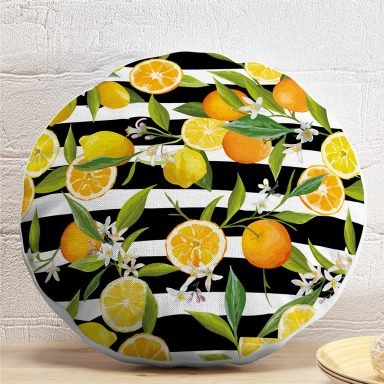 Çizgili Siyah Zeminli Limon Desenli Dekoratif Yuvarlak Yastık Kırlent Kılıfı
