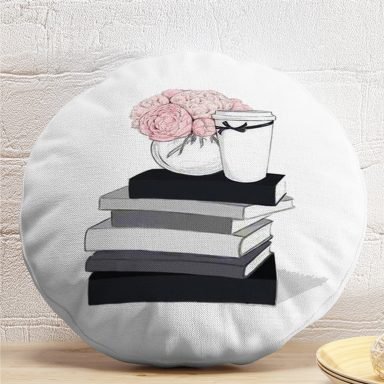 Gül Kitap ve Kahve Tasarımlı Dijital Baskılı Yuvarlak Yastık Kırlent Kılıfı