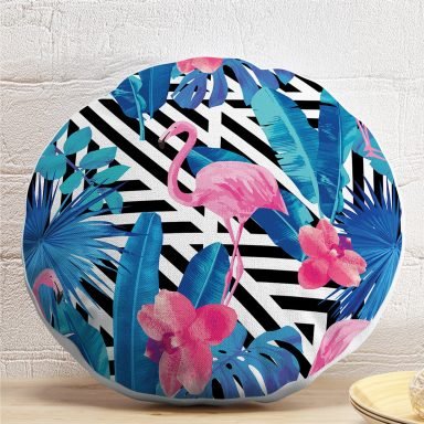 Geometrik Mavi Pembe Flamingo Tasarımlı Dijital Baskılı Yuvarlak Yastık Kırlent Kılıfı