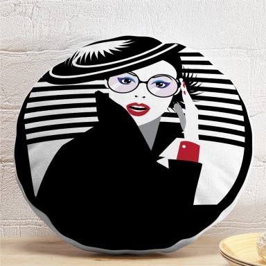Siyah Beyaz Fashion Woman Tasarımlı Dekoratif Yuvarlak Yastık Kırlent Kılıfı
