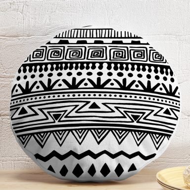 Siyah Beyaz Dekoratif African Motifli Modern Yuvarlak Yastık Kırlent Kılıfı