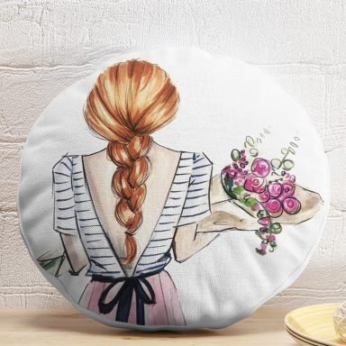 Çiçekli Kız Çizimli Modern Dekoratif Yuvarlak Yastık Kırlent Kılıfı