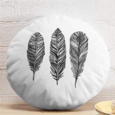 Karakalem Tüy Desenli Dijital Baskılı Modern Yuvarlak Yastık Kırlent Kılıfı
