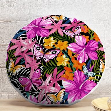 Tropik Çiçekler & Kelebekler Özel Tasarım Yuvarlak Yastık Kırlent Kılıfı