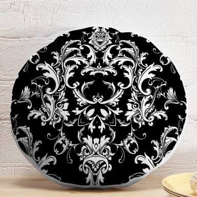 Siyah Zeminde Damask Özel Tasarım Dijital Baskılı Modern Yuvarlak Yastık Kırlent Kılıfı