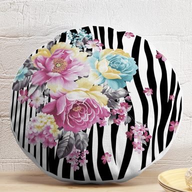 Siyah Beyaz Zebra Zeminde Çiçek Desenli Özel Tasarım Dijital Baskılı Modern Yuvarlak Yastık Kırlent Kılıfı