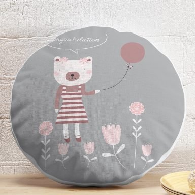 Gri Zeminde Balon ve Ayıcık Desenli Bebek Odası Yuvarlak Yastık Kırlent Kılıfı