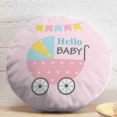 Pembe Zeminli Bebek Arabası Temalı Özel Tasarımlı Dijital Baskılı Çocuk Odası Yuvarlak Yastık Kırlent Kılıfı