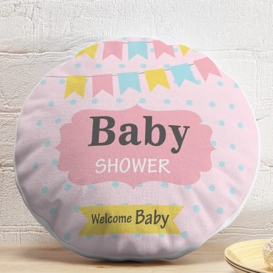 Pembe Zemin Baby Shower Temalı Özel Tasarımlı Dijital Baskılı Çocuk Odası Yuvarlak Yastık Kırlent Kılıfı