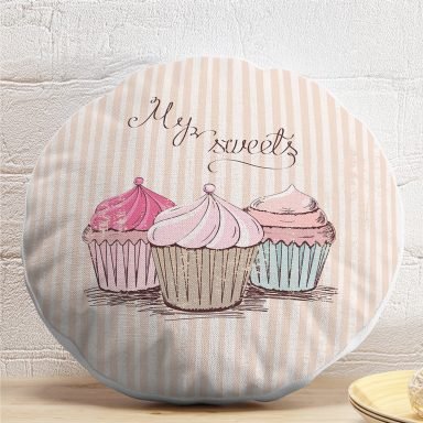 Cup Cake Dijital Baskılı Modern Yuvarlak Yastık Kırlent Kılıfı