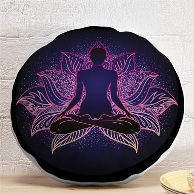 Pembe Neon Motifli Uzak Doğu Yoga Desenli Yuvarlak Kırlent Kılıfı
