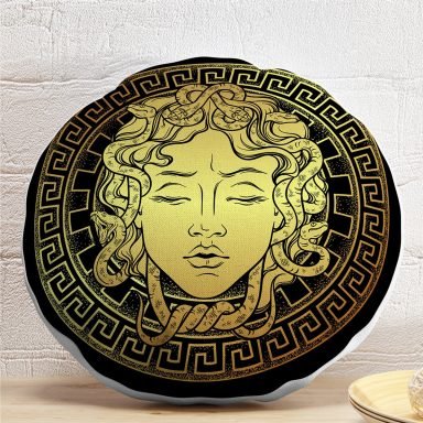Realhomes Özel Tasarım Siyah Zeminde Gold Medusa Dekoratif Yuvarlak Kırlent Kılıfı