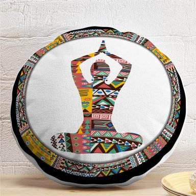 Siyah Zeminde Yoga Motifli Dekoratif Yuvarlak Yastık Kılıfı