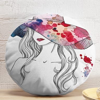 Fashion Girl Şapka Özel Tasarım Dijital Baskılı Yuvarlak Kırlent Kılıfı