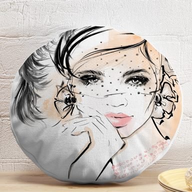 Karakalem Çizimli Fashion Women Dekoratif Yuvarlak Kırlent Kılıfı