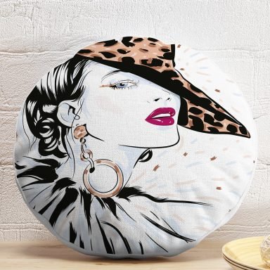 Şapkalı Fashion Girl Desenli Yuvarlak Kırlent Kılıfı