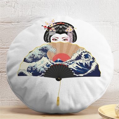 Yelpazeli Japan Kadın Motifli Dekoratif Yuvarlak Yastık Kılıfı