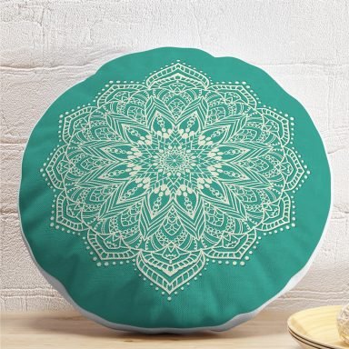 Turkuaz Zeminde Mandala Dijital Baskılı Modern Yuvarlak Kırlent Kılıfı