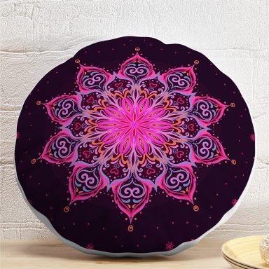 Siyah Zeminde Pembe Neon Mandala Desenli Dekoratif Yuvarlak Kırlent Kılıfı