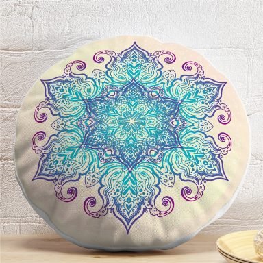 Pembe Zeminde Mavi Mandala Çizimli Modern Yuvarlak Yastık Kılıfı