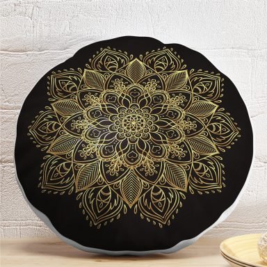 Siyah Zeminde Gold Mandala Motifli Yuvarlak Yastık Kılıfı