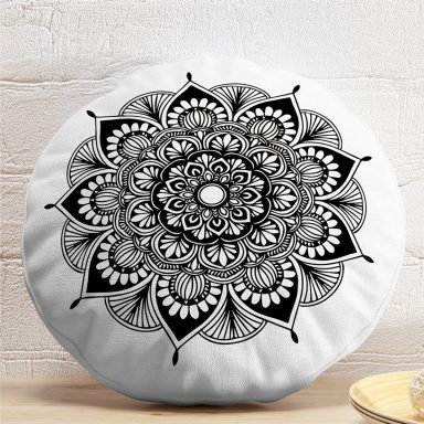 Beyaz Zeminde Çiçek Mandala Desenli Yuvarlak Kırlent Kılıfı