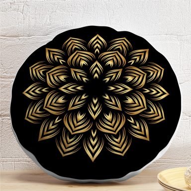 Siyah Zeminde Gold Mandala Motifli Yuvarlak Yastık Kılıfı