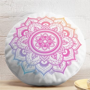 Beyaz Zeminde Pembe Mavi Mandala Desenli Özel Tasarım Yuvarlak Kırlent Kılıfı