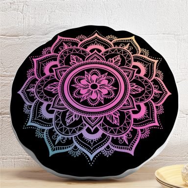 Siyah Zeminde Pembe Mavi Mandala Desenli Özel Tasarım Yuvarlak Kırlent Kılıfı