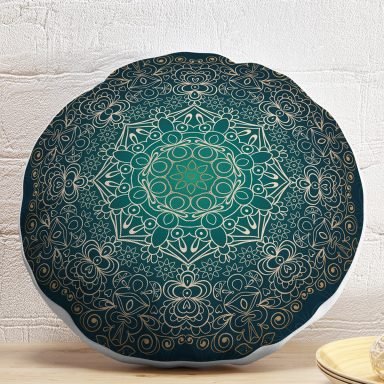 Lacivert Desenli Gold Mandala Motifli Dekoratif Yuvarlak Yastık Kılıfı