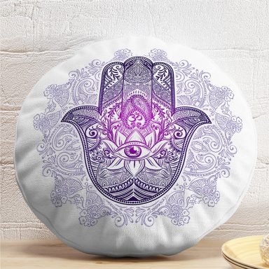 Mandala İçinde Fatma'nın Bereket Eli Motifli Yuvarlak Kırlent Kılıfı