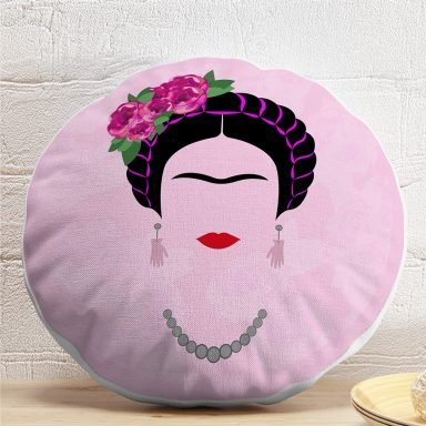Pembe Zeminde Kahlo Frida Dijital Baskılı Yuvarlak Kırlent Kılıfı