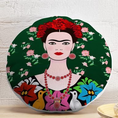 Yeşil Zeminde Frida Kahlo Motifli Özel Tasarım Yuvarlak Yastık Kılıfı