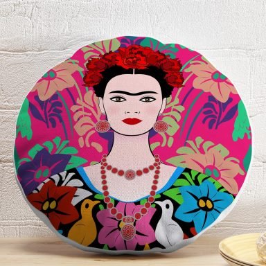 Fuşya Zeminde Frida Kahlo Motifli Özel Tasarım Yuvarlak Kırlent Kılıfı