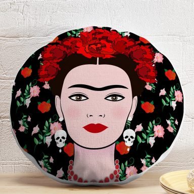 Özel Tasarım Frida Dijital Baskılı Yuvarlak Kırlent Kılıfı