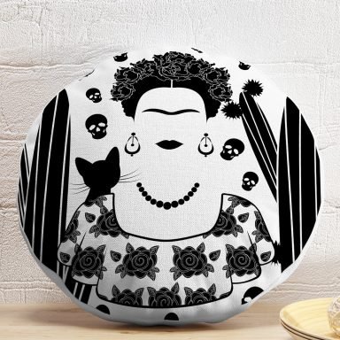 Realhomes Black Frida Kahlo Basklı Yuvarlak Yastık Kılıfı