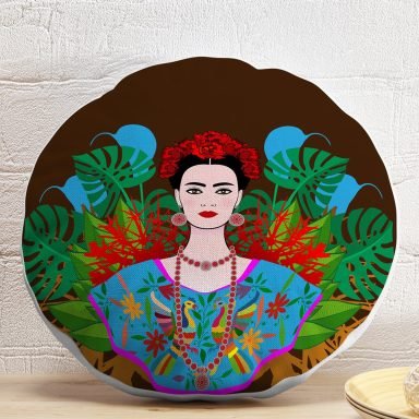 Kahverengi Zeminde Özel Tasarım Frida Kahlo Dijital Baskılı Yuvarlak Kırlent Kılıfı
