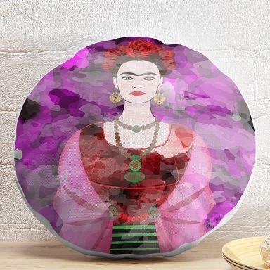 Siyah Zeminde Renkli Frida Desenli Yuvarlak Kırlent Kılıfı