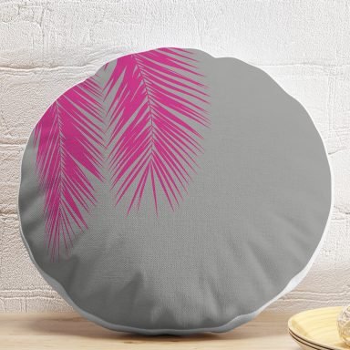 Gri Zeminde Tropik Yaprak Tasarımlı Dijital Baskılı Yuvarlak Yastık Kırlent Kılıfı