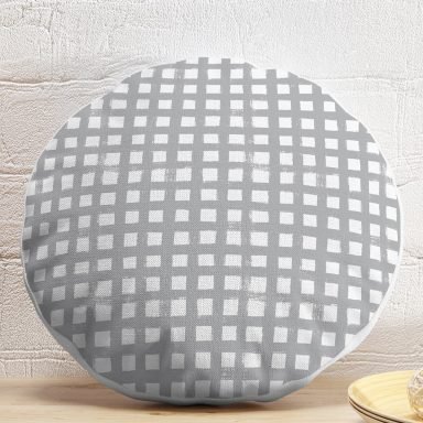 Gri Zeminde Geometrik Kare Motifli Dekoratif Yuvarlak Yastık Kılıfı