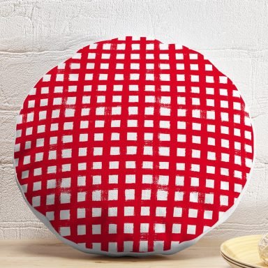 Kırmızı Zeminde Geometrik Kare Motifli Dekoratif Yuvarlak Yastık Kılıfı