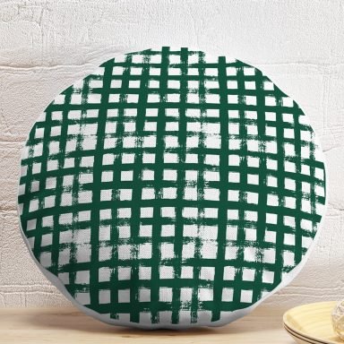 Koyu Yeşil Geometrik Kare Motifli Dekoratif Yuvarlak Yastık Kılıfı