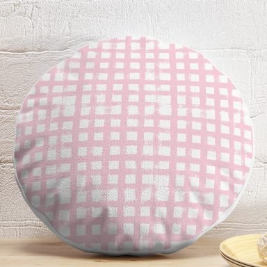 Pembe Zeminde Geometrik Kare Motifli Dekoratif Yuvarlak Yastık Kılıfı